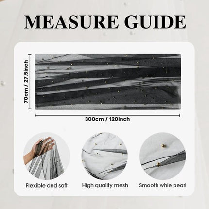 Black Table Veil with White Pearls - Silky Gauze 30x120 Inches - For Weddings, Parties & Table Decorations.