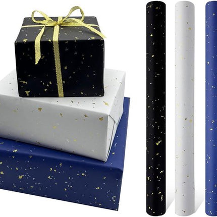 3 Rolls of Birthday Wrapping Paper - 43cm x 3m Per Roll - Blue, White & Black - Large Roll of Recyclable Paper.