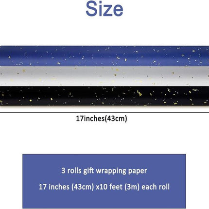 3 Rolls of Birthday Wrapping Paper - 43cm x 3m Per Roll - Blue, White & Black - Large Roll of Recyclable Paper.