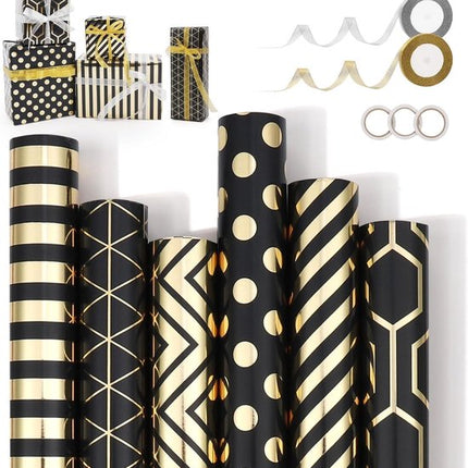 Wrapping Paper Set - 6 Rolls Gold & Black Christmas - Includes Ribbon & Stickers - 43x300 cm Per Roll.