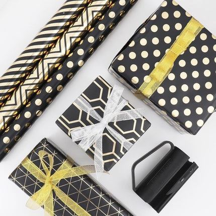 Wrapping Paper Set - 6 Rolls Gold & Black Christmas - Includes Ribbon & Stickers - 43x300 cm Per Roll.