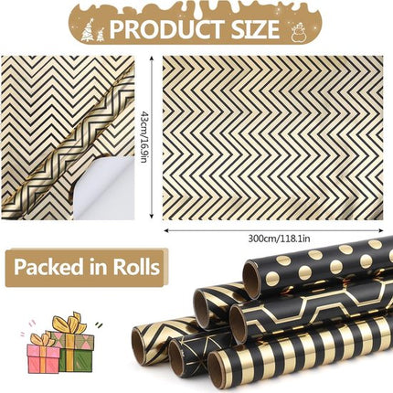 Wrapping Paper Set - 6 Rolls Gold & Black Christmas - Includes Ribbon & Stickers - 43x300 cm Per Roll.