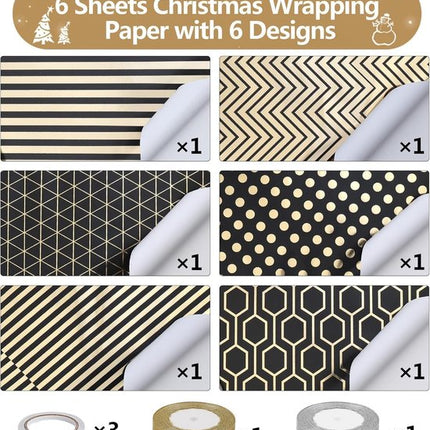 Wrapping Paper Set - 6 Rolls Gold & Black Christmas - Includes Ribbon & Stickers - 43x300 cm Per Roll.
