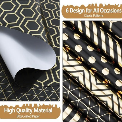 Wrapping Paper Set - 6 Rolls Gold & Black Christmas - Includes Ribbon & Stickers - 43x300 cm Per Roll.