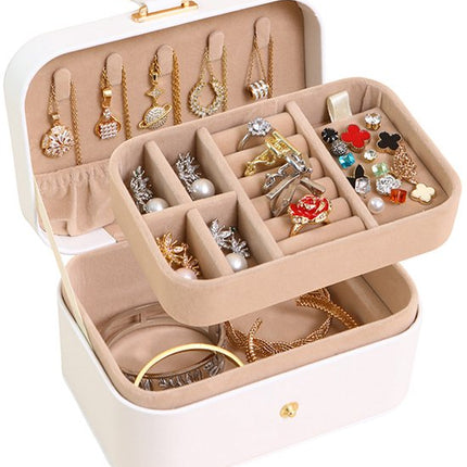 Travel Jewelry Case - 2 Layers with Velvet & Detachable Compartments - For Necklaces, Earrings & Bracelets - White.