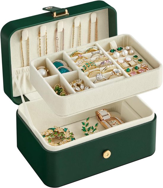 Travel Jewelry Case - 2 Layers with Velvet & Detachable Compartments - For Necklaces, Earrings & Bracelets - Green.