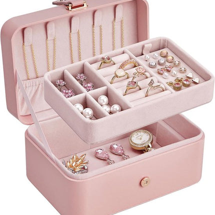 Travel Jewelry Case - 2 Layers with Velvet & Detachable Compartments - For Necklaces, Earrings & Bracelets - Pink.