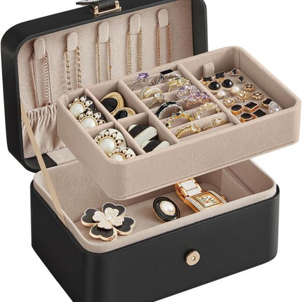 Travel Jewelry Case - 2 Layers with Velvet & Detachable Compartments - For Necklaces, Earrings & Bracelets - Black.