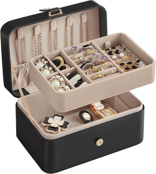 Travel Jewelry Case - 2 Layers with Velvet & Detachable Compartments - For Necklaces, Earrings & Bracelets - Black.