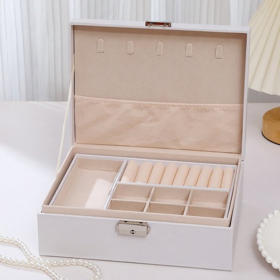 2-Tier Jewelry Box - With Removable Drawer & Lock - Large Storage Capacity for All Jewelry - White.