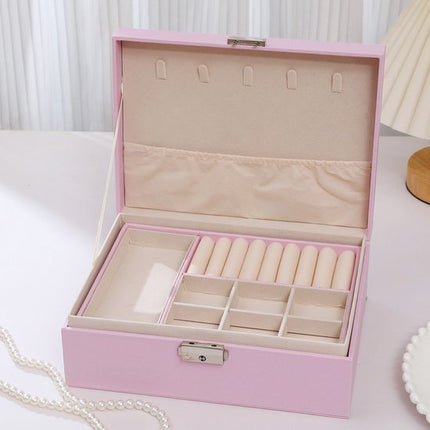 2-Tier Jewelry Box - With Removable Drawer & Lock - Large Storage Capacity For All Jewelry - Pink.