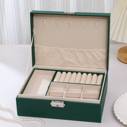 2-Tier Jewelry Box - With Removable Drawer & Lock - Large Storage Capacity for All Jewelry - Green.