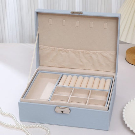 2-Tier Jewelry Box - With Removable Drawer & Lock - Large Storage Capacity for All Jewelry - Blue.