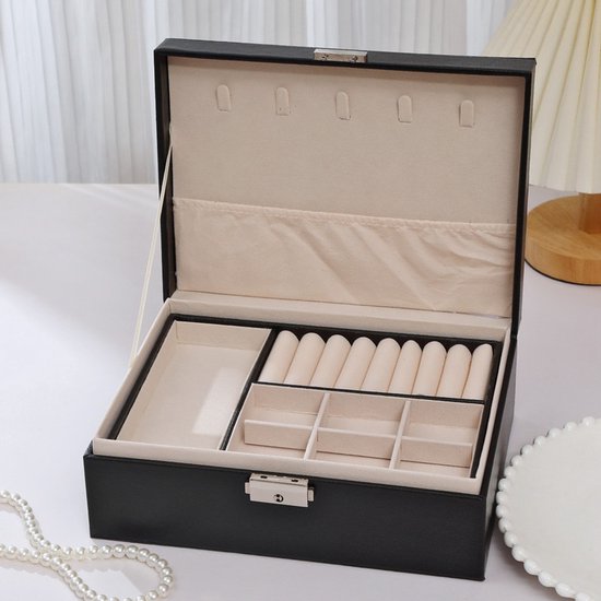 2-Tier Jewelry Box - With Removable Drawer & Lock - Large Storage Capacity for All Jewelry - Black.