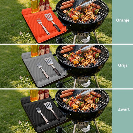 Silicone BBQ Grill Mat - 8-Slot Mat with Drip Tray - Heat-Resistant and Dishwasher-Safe - 40x27 cm - Black.