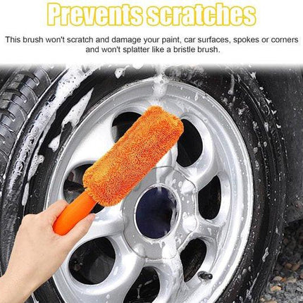 Brushes - Set of 2 soft microfiber metal-free car rim and wheel brushes - Scratch-free tire brushes - for cleaning wheels - Universal accessory for washing car tires (orange and green).