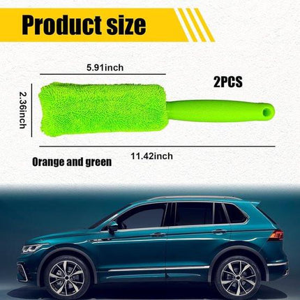 Brushes - Set of 2 soft microfiber metal-free car rim and wheel brushes - Scratch-free tire brushes - for cleaning wheels - Universal accessory for washing car tires (orange and green).