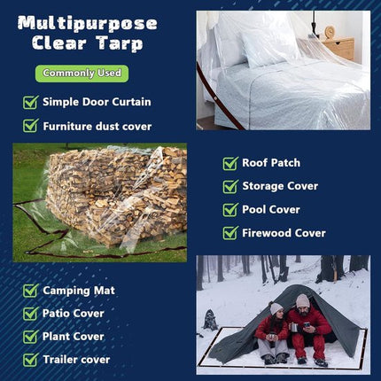 Waterproof Tarpaulin - Transparent - Durable tarpaulin with 10x10 eyelets, Large (Small) transparent tarpaulin for outdoor use - Suitable for camping/patio/fencing, chicken coop, garden plants, tear-resistant tarpaulin.