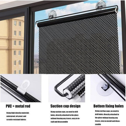 No-Drill Roller Blinds with 3 Suction Cups - Blackout Curtains, Temporary Cover-Up Curtains for Home, Bedroom and Car (Black, 45*124cm).