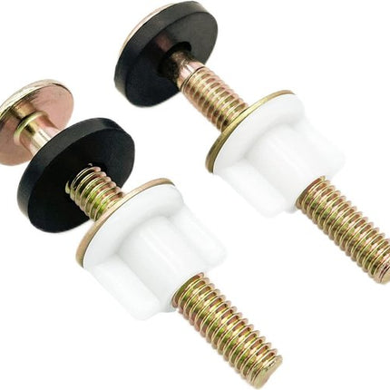 2-Piece Universal Toilet Seat Bolt and Screw Set - Heavy Duty Toilet Seat Hinge - With White Plastic Nut - Metal and Rubber Washers - Replacement parts for top-mounted toilet seat hinge.
