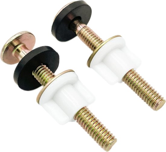 2-Piece Universal Toilet Seat Bolt and Screw Set - Heavy Duty Toilet Seat Hinge - With White Plastic Nut - Metal and Rubber Washers - Replacement parts for top-mounted toilet seat hinge.
