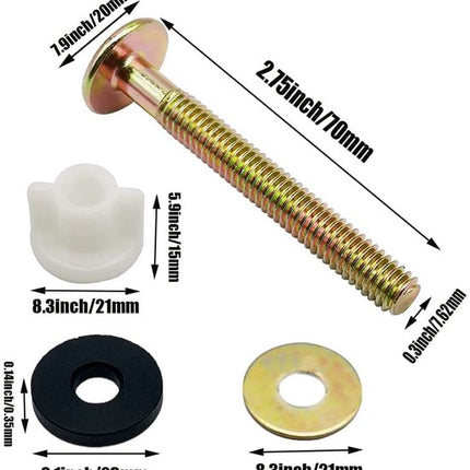2-Piece Universal Toilet Seat Bolt and Screw Set - Heavy Duty Toilet Seat Hinge - With White Plastic Nut - Metal and Rubber Washers - Replacement parts for top-mounted toilet seat hinge.
