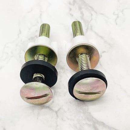 2-Piece Universal Toilet Seat Bolt and Screw Set - Heavy Duty Toilet Seat Hinge - With White Plastic Nut - Metal and Rubber Washers - Replacement parts for top-mounted toilet seat hinge.