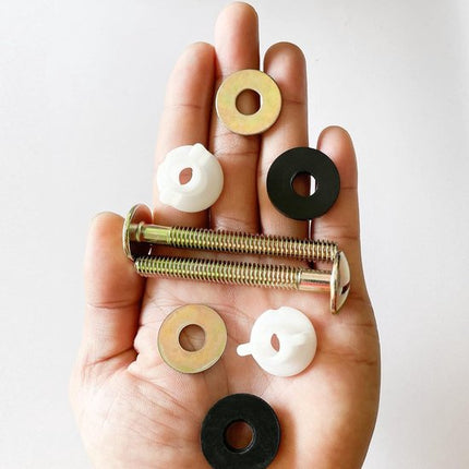 2-Piece Universal Toilet Seat Bolt and Screw Set - Heavy Duty Toilet Seat Hinge - With White Plastic Nut - Metal and Rubber Washers - Replacement parts for top-mounted toilet seat hinge.