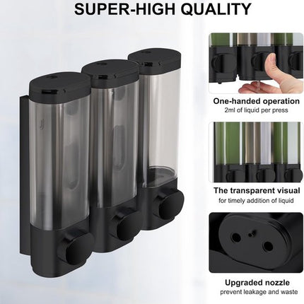 3 Wall-Mounted Soap Dispensers, No Drilling Required - Drip-Proof, Suitable for Gel, Shampoo, and Lotion - Black.
