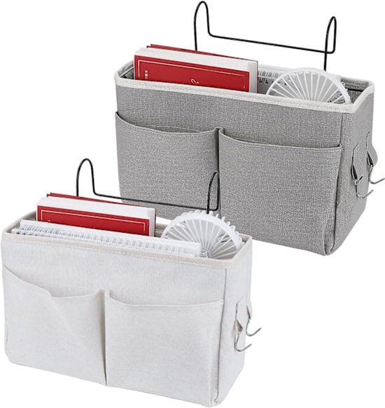 Bedside Organizer - Waterproof Canvas Bedside Organizer - Hanging Bedside Basket - For Home, Office & School Bedside Tables (Gray, White).
