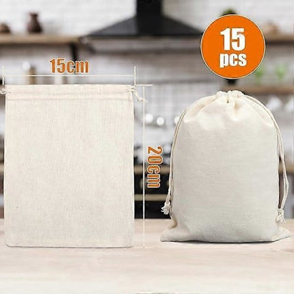 Storage Bags - Fabric Bags 20 x 15 cm - Pack of 15 Cotton Bags - Linen Drawstring Bags - Small Reusable Gift Bags - Cotton Bags - Canvas Bags - DIY - Coffee.
