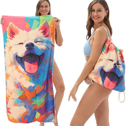 2-in-1 foldable beach towel - printed bath towel - all-in-one beach towel - integrated bag - storage space.