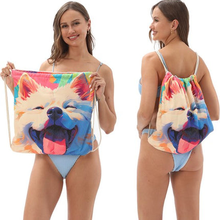 2-in-1 foldable beach towel - printed bath towel - all-in-one beach towel - integrated bag - storage space.