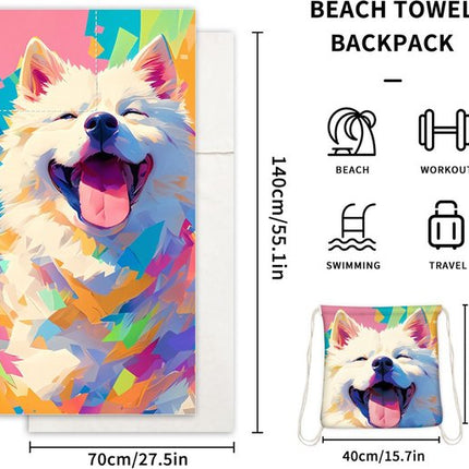 2-in-1 foldable beach towel - printed bath towel - all-in-one beach towel - integrated bag - storage space.