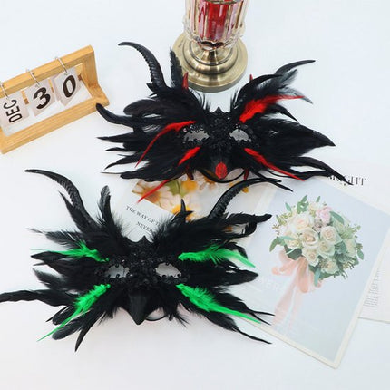 Mask - New for Halloween - Gothic Style - Mask with Decorative Feather Lace - Devil's Horn Mask - Role-playing Prop.