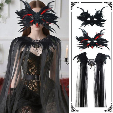Mask - New for Halloween - Gothic - Mask with decorative feather lace - Devil's horn mask - Role-playing prop - Black.