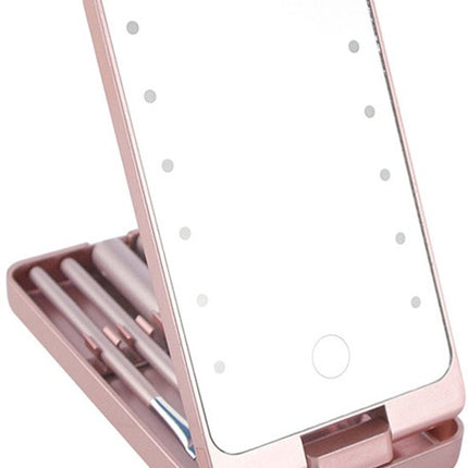 LED Makeup Mirror - Lighted Makeup Mirror - Set of 5 Makeup Brushes - Brush Storage - Cover - Dustproof - Pink.