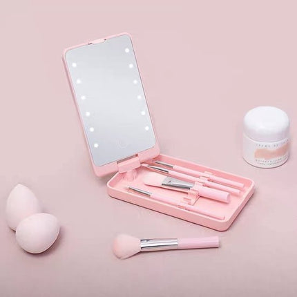 LED Makeup Mirror - Lighted Makeup Mirror - Set of 5 Makeup Brushes - Brush Storage - Cover - Dustproof - Pink.