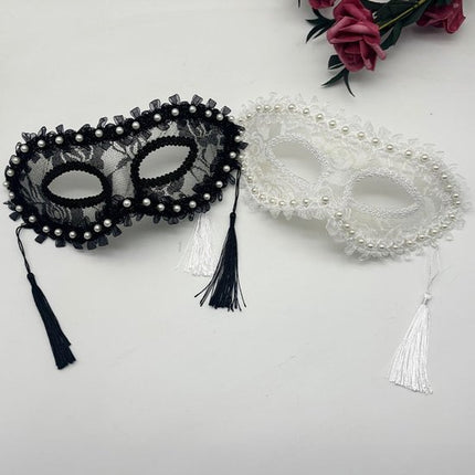 Masks - Halloween Half Face Pearl Lace Ribbon Mask - Masquerade Cosplay Party - Photography Props - 2 Items.