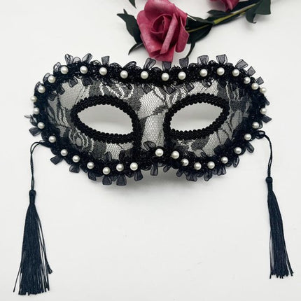 Masks - Halloween Half Face Pearl Lace Ribbon Mask - Masquerade Cosplay Party - Photography Props - 2 Items.
