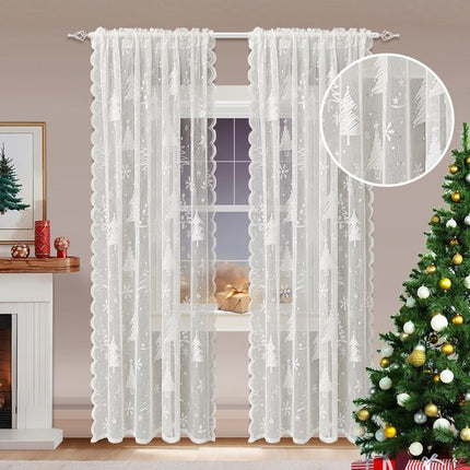 Window Screen - Ice Flower Christmas Tree Window Screen - Metal Mesh - European and American - Christmas - Curtain - Net Curtain 2-Piece Set (150*180cm).