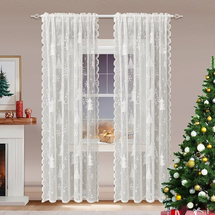 Window Screen - Ice Flower Christmas Tree Window Screen - Metal Mesh - European and American - Christmas - Curtain - Net Curtain 2-Piece Set (150*200cm).