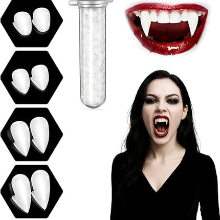 Set of 4 pairs of vampire teeth - 4 sizes - Halloween cosplay vampire teeth - Includes 5g teeth gum - Great for cosplay at parties - Halloween - Demon - Witch.
