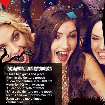 Set of 4 pairs of vampire teeth - 4 sizes - Halloween cosplay vampire teeth - Includes 5g teeth gum - Great for cosplay at parties - Halloween - Demon - Witch.