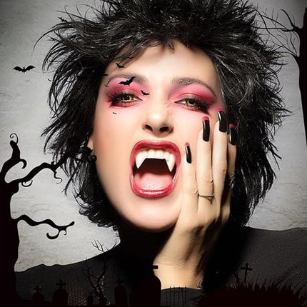 Set of 4 pairs of vampire teeth - 4 sizes - Halloween cosplay vampire teeth - Includes 5g teeth gum - Great for cosplay at parties - Halloween - Demon - Witch.