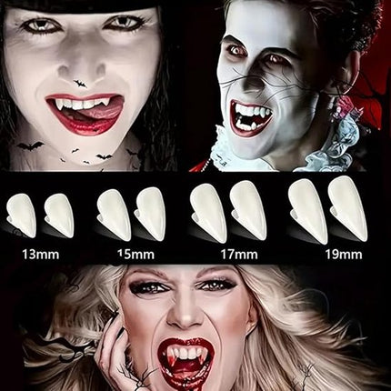 Set of 4 pairs of vampire teeth - 4 sizes - Halloween cosplay vampire teeth - Includes 5g teeth gum - Great for cosplay at parties - Halloween - Demon - Witch.