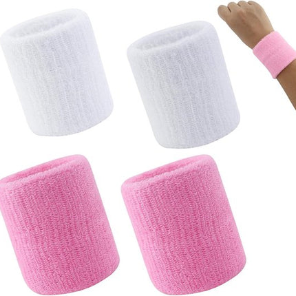4-Pack Sweat-Wicking Wristbands - Super Stretch Cotton Sports Wristbands - Sweat-Wicking Wristbands - For Tennis, Sports, Basketball, Gymnastics - (Pink and White).