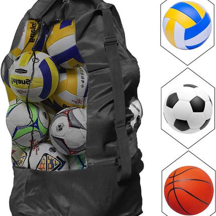Soccer Net Bag for 10-15 Balls - Large Waterproof, Sturdy Tennis Shoulder Pad, Football-Basketball-Volleyball Bag, Drawstring Handbag - Black.