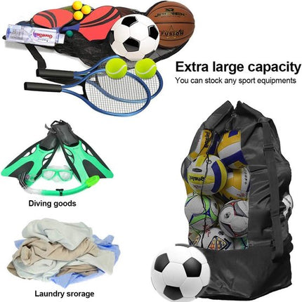 Soccer Net Bag for 10-15 Balls - Large Waterproof, Sturdy Tennis Shoulder Pad, Football-Basketball-Volleyball Bag, Drawstring Handbag - Black.
