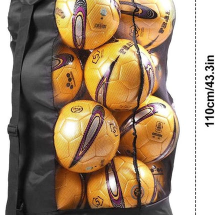 Soccer Net Bag for 10-15 Balls - Large Waterproof, Sturdy Tennis Shoulder Pad, Football-Basketball-Volleyball Bag, Drawstring Handbag - Black.